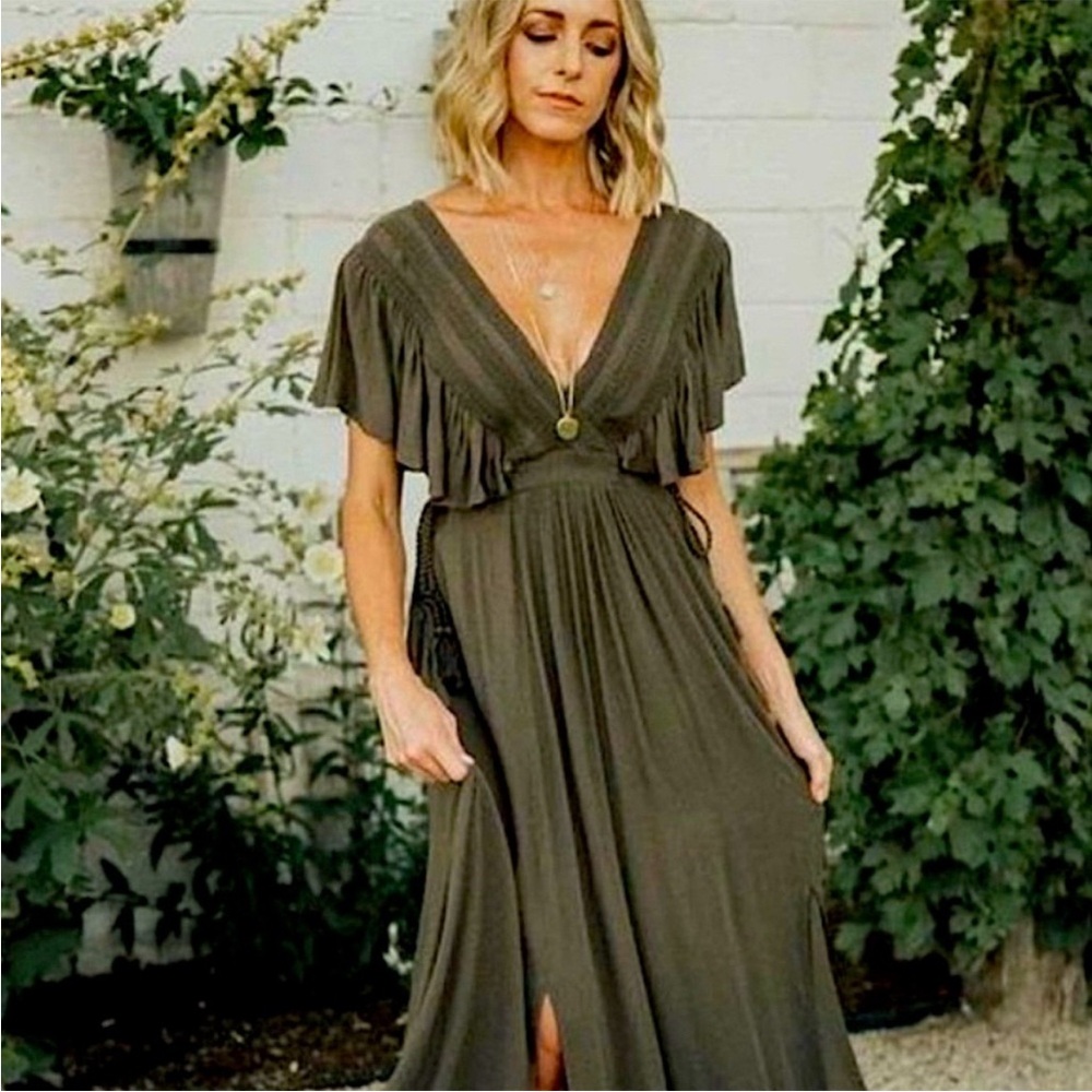 Baltic Born Olive Green Midi Dress with Deep V and Ruffle Sleeves